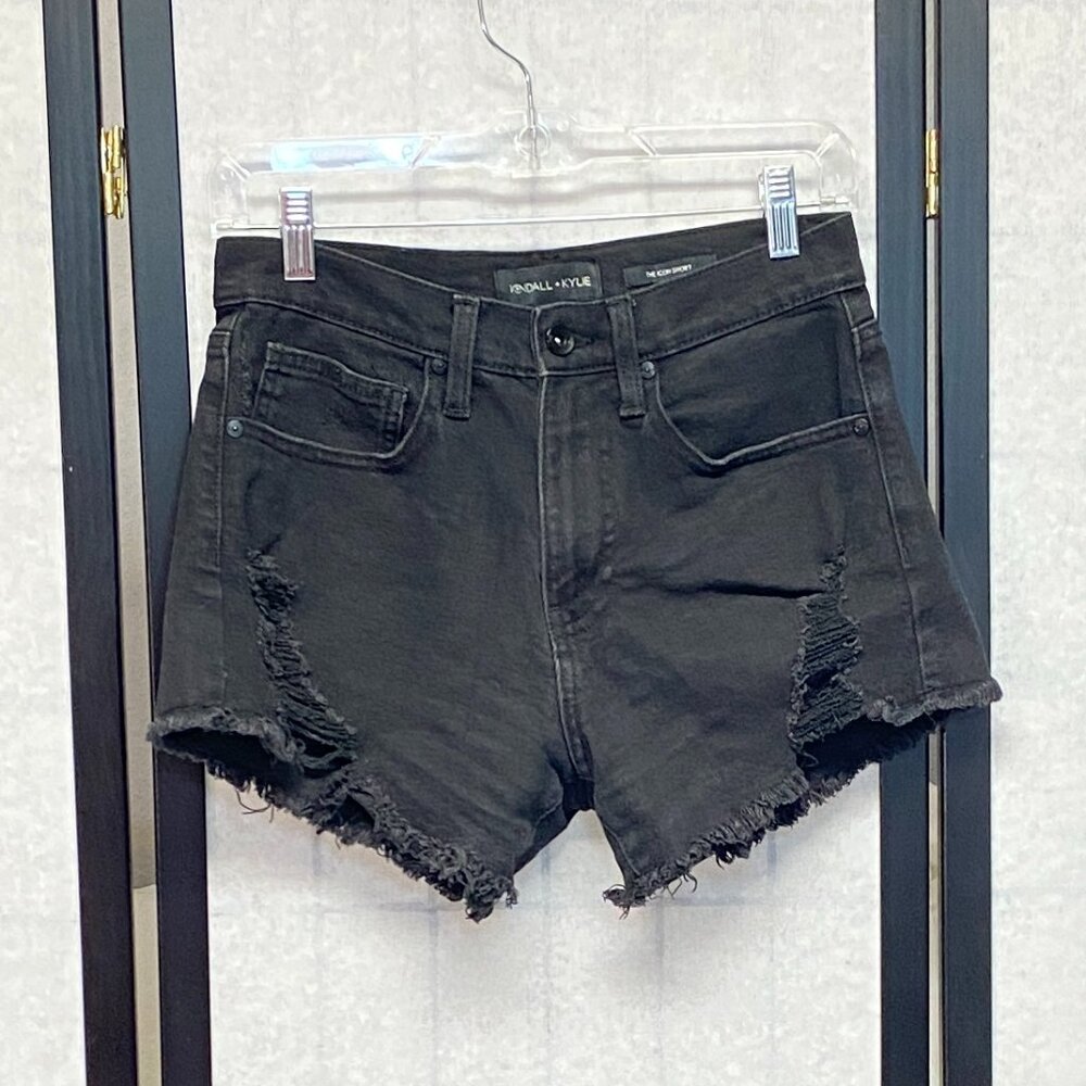 Kendall & Kylie Icon Shortie Denim Jean Shorts 3 Black Distressed Denim